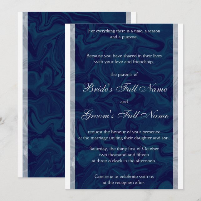 Elegante invitación a la boda de mármol azul y gri (Anverso / Reverso)
