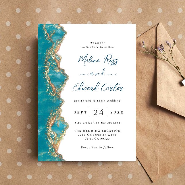 Elegante Invitación A La Boda De Mármol Azul Y Oro (Subido por el creador)