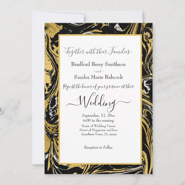 Elegante invitación a la Boda de Mármol de Oro Bla (Anverso)