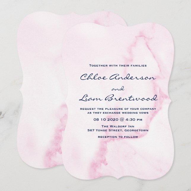 Elegante invitación a la boda de mármol rosa (Anverso / Reverso)