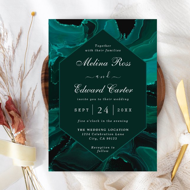 Elegante invitación a la boda de mármol verde (Subido por el creador)