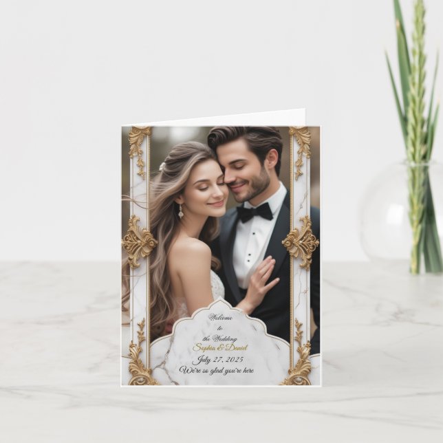 Elegante invitación a la boda de mármol y oro (Anverso)