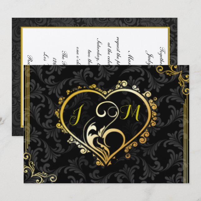 Elegante Invitación a la boda de monograma del cor (Anverso / Reverso)
