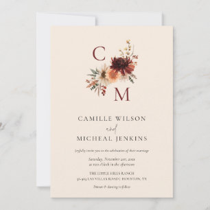 Elegante Invitación a la boda de monograma floral 