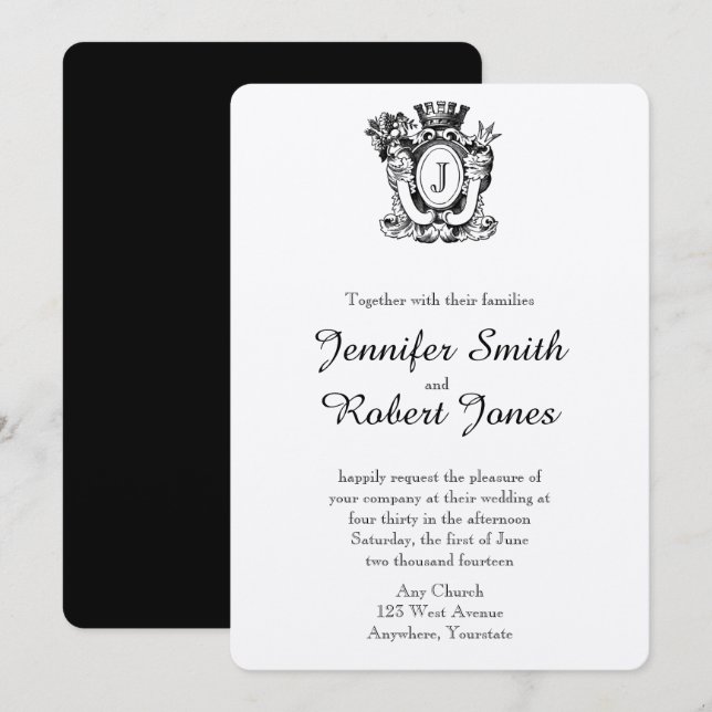 Elegante invitación a la boda de monograma herálic (Anverso / Reverso)