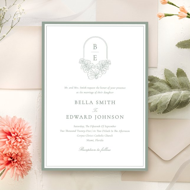 Elegante Invitación a la boda de monograma verde s (Subido por el creador)