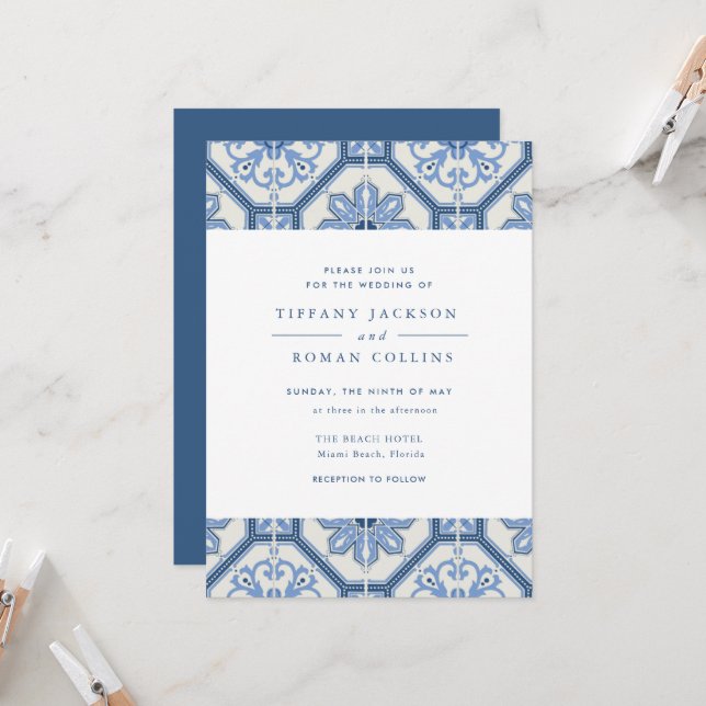 Elegante invitación a la boda de mosaicos azules e (Anverso/Reverso In Situ)