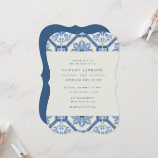 Elegante invitación a la boda de mosaicos azules e