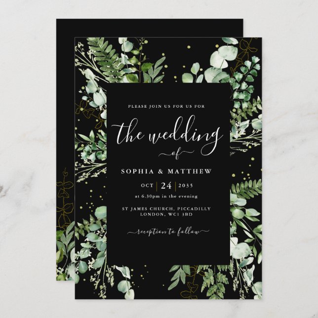 Elegante invitación a la boda de negro y eucalipto (Anverso / Reverso)