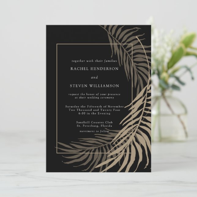 Elegante invitación a la boda de negro y taupe (Anverso de pie)