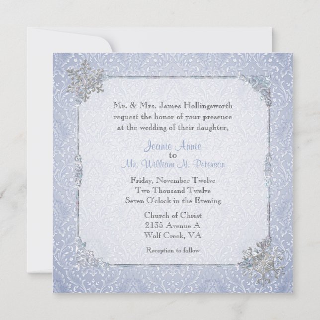 Elegante Invitación a la Boda de Nieve en Invierno (Reverso)