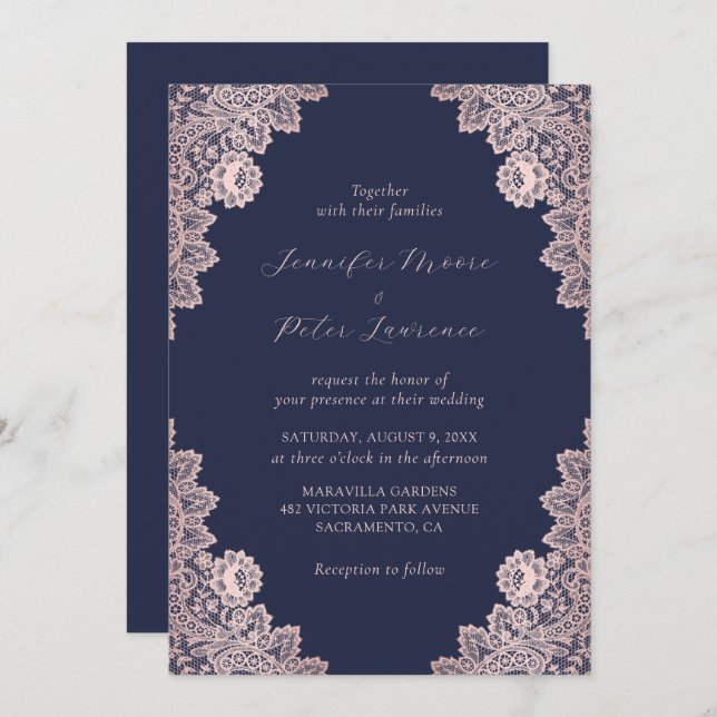 Elegante invitación a la Boda de Oro Azul y Rosa d (Anverso / Reverso)
