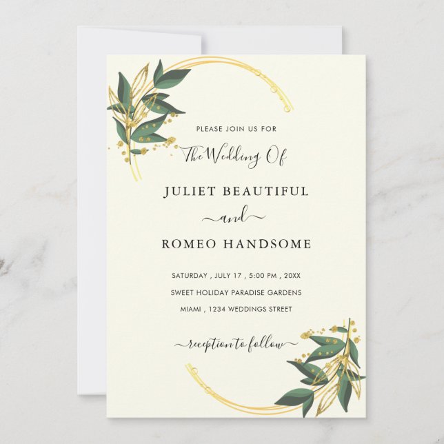 Elegante invitación a la Boda de Oro con hojas (Anverso)