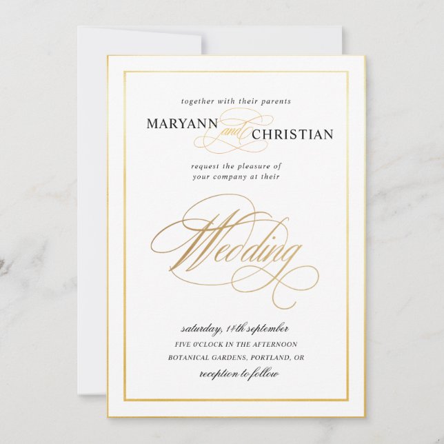 elegante invitación a la boda de oro de caligrafía (Anverso)