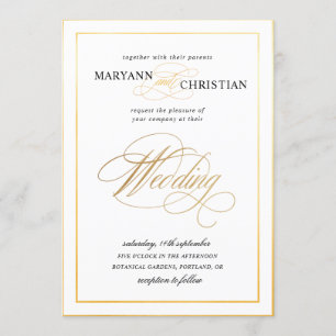 elegante invitación a la boda de oro de caligrafía