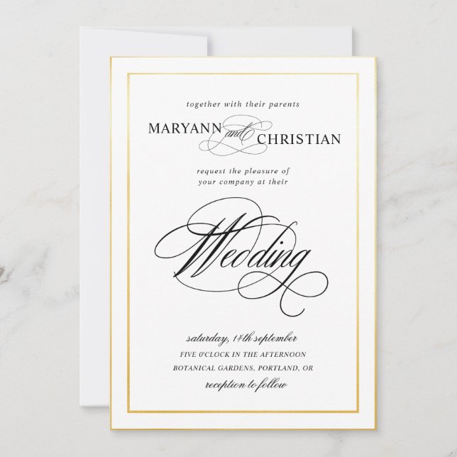 elegante invitación a la boda de oro de caligrafía (Anverso)