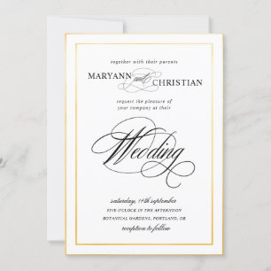 elegante invitación a la boda de oro de caligrafía