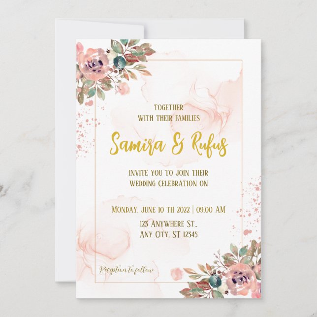 Elegante Invitación a la Boda de Oro Floral (Anverso)