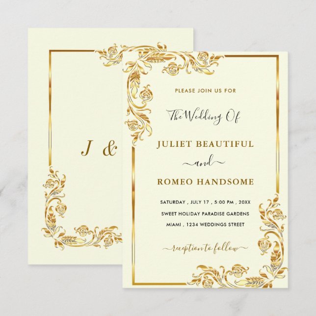 Elegante invitación a la Boda de Oro hojas de oro (Anverso / Reverso)