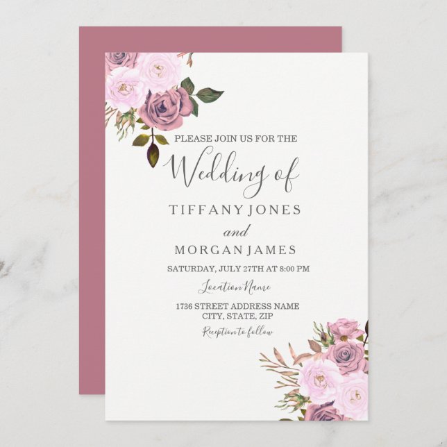 Elegante invitación a la Boda de Oro Rosa y Rosa (Anverso / Reverso)