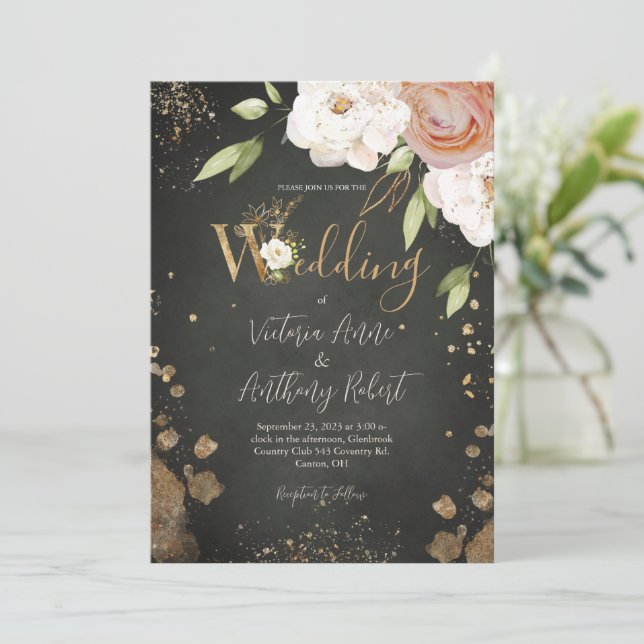 Elegante invitación a la Boda de Oro Rústica Flora (Anverso de pie)