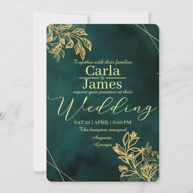 elegante invitación a la boda de oro verde esmeral (Anverso)