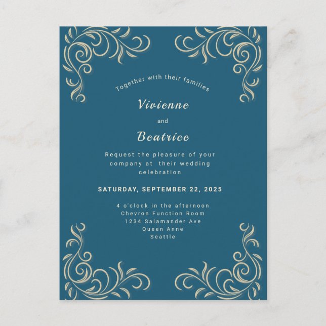Elegante invitación a la boda de oro verde marino (Anverso)