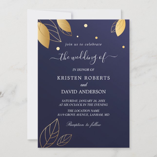 Elegante invitación a la boda de oro y azul real (Anverso)
