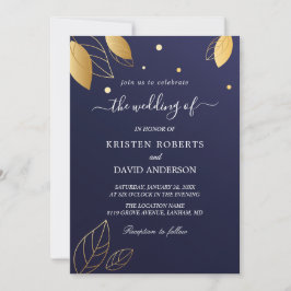 Elegante invitación a la boda de oro y azul real