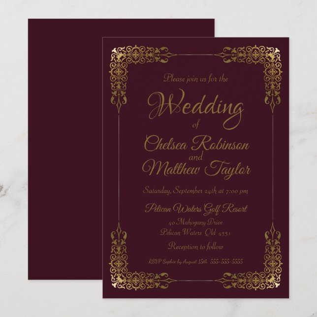 Elegante invitación a la Boda de Oro y Borgoña (Anverso / Reverso)