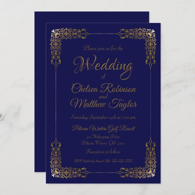 Elegante invitación a la boda de oro y encaje azul (Anverso / Reverso)