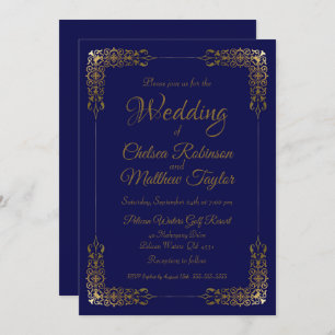 Elegante invitación a la boda de oro y encaje azul