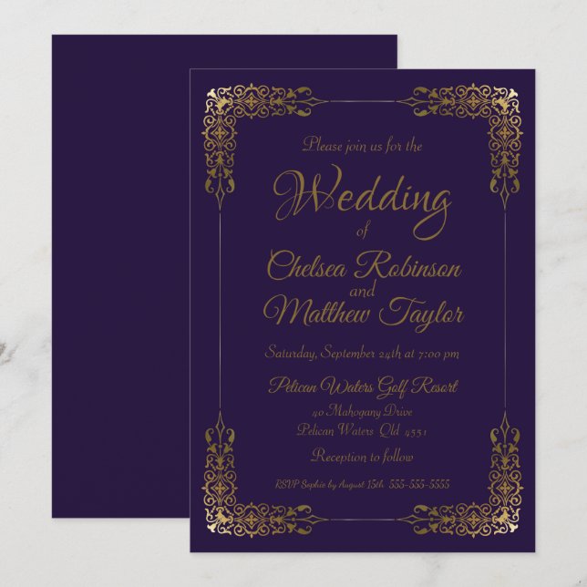 Elegante invitación a la boda de oro y encaje púrp (Anverso / Reverso)