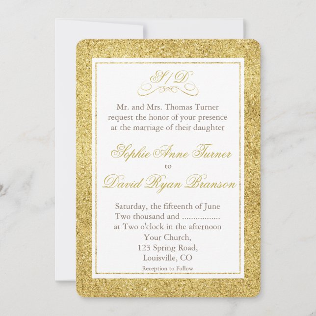 Elegante Invitación a la Boda de Oro y Frontera Bl (Anverso)