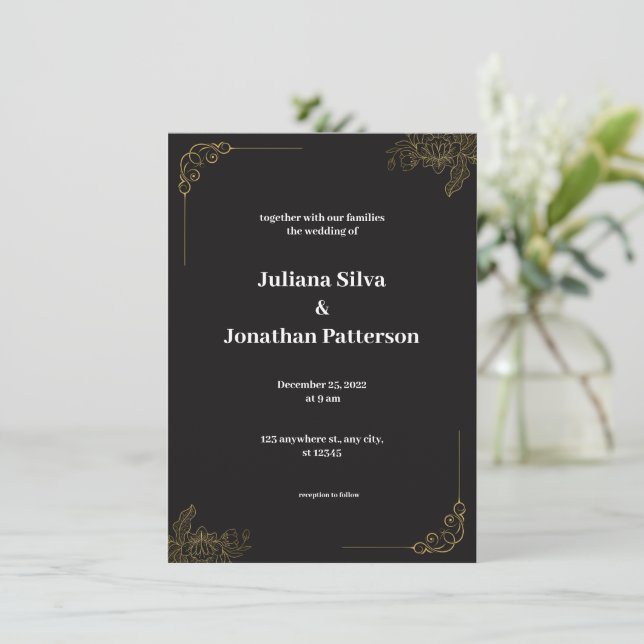 Elegante invitación a la boda de oro y negro (Anverso de pie)