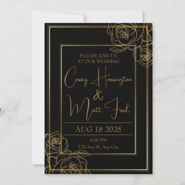 Elegante invitación a la boda de oro y negro (Anverso)