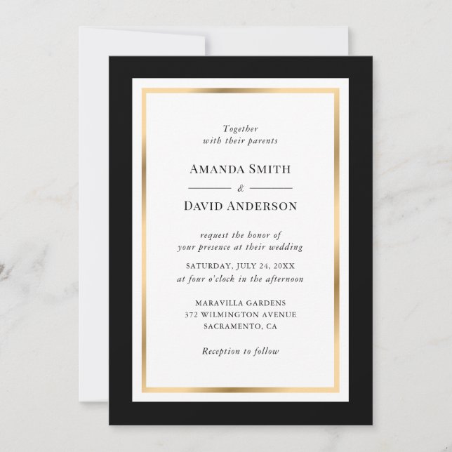 Elegante invitación a la boda de oro y negro (Anverso)