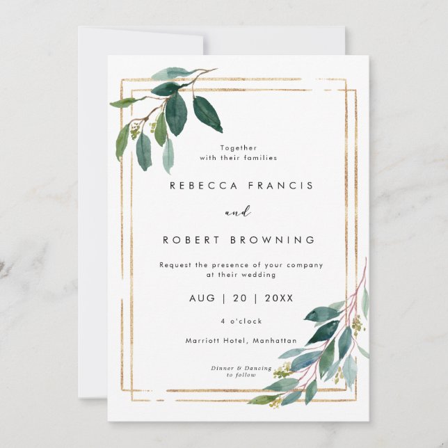 elegante invitación a la boda de oro y verde (Anverso)