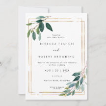 elegante invitación a la boda de oro y verde
