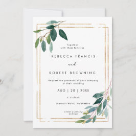 elegante invitación a la boda de oro y verde