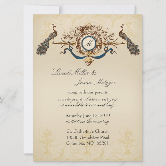 Elegante invitación a la boda de pavo real (Anverso)