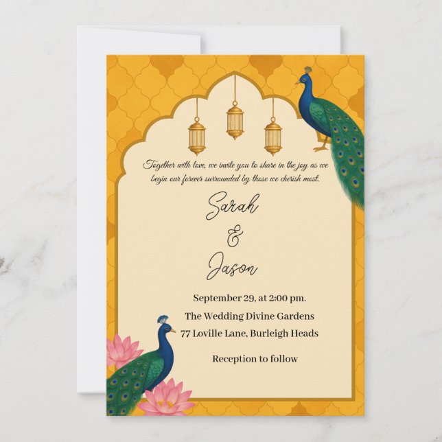 Elegante invitación a la boda de pavo real (Anverso)