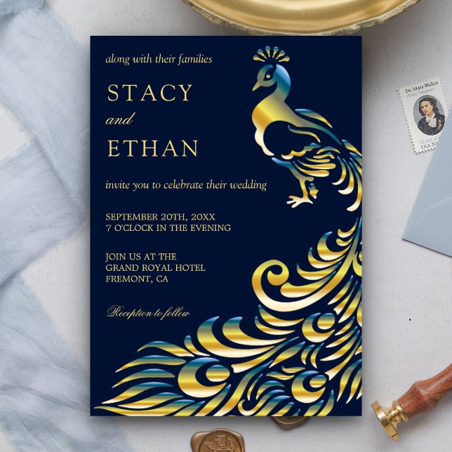 Elegante invitación a la boda de pavo real azul y  (Subido por el creador)