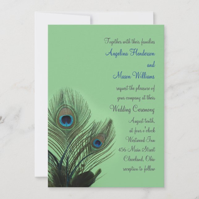 Elegante invitación a la boda de pavo real (verde) (Anverso)