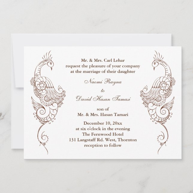 Elegante invitación a la boda de pavos reales Mehn (Anverso)