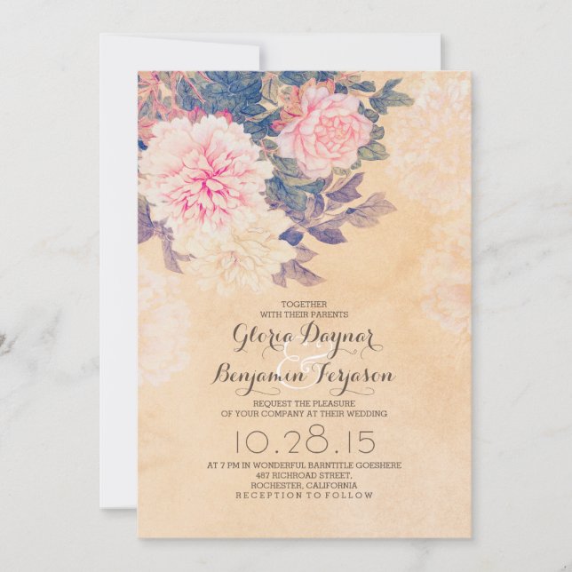Elegante invitación a la boda de peonías rosadas (Anverso)