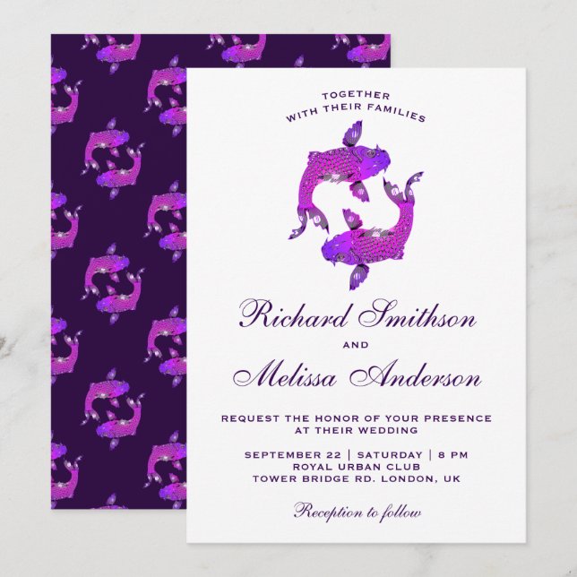 Elegante invitación a la boda de pescado de Koi pú (Anverso / Reverso)