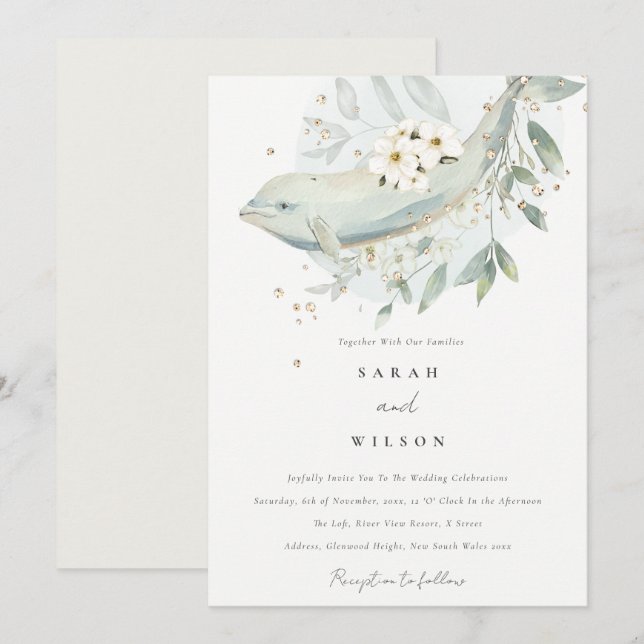 Elegante Invitación a la Boda de Pescado Subacuáti (Anverso / Reverso)