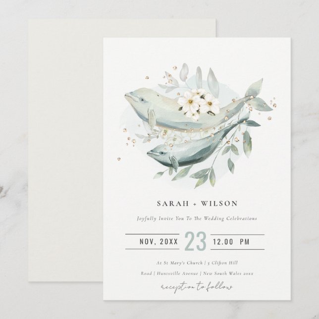 Elegante Invitación a la Boda de Pescado Subacuáti (Anverso / Reverso)