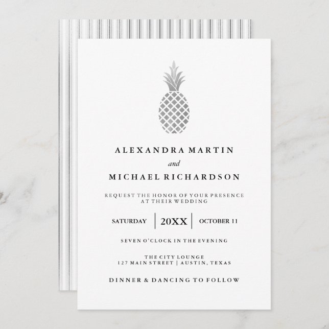 Elegante invitación a la boda de piña plateada (Anverso / Reverso)